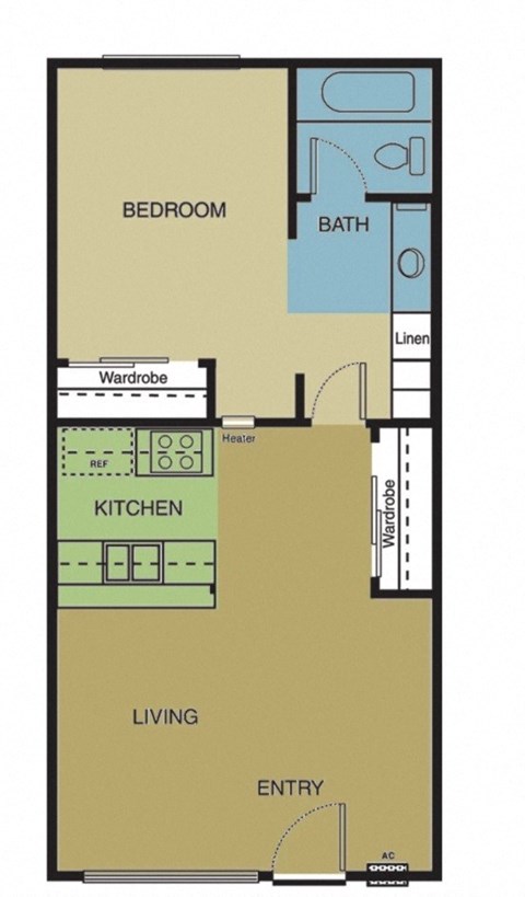 Floor plan for 1 bed, 1 bath, 630 sqft